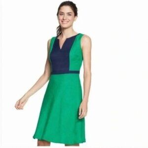 Boden Monica Slub Linen Textured Notch Neck Sleeveless Dress Green Navy Size 10